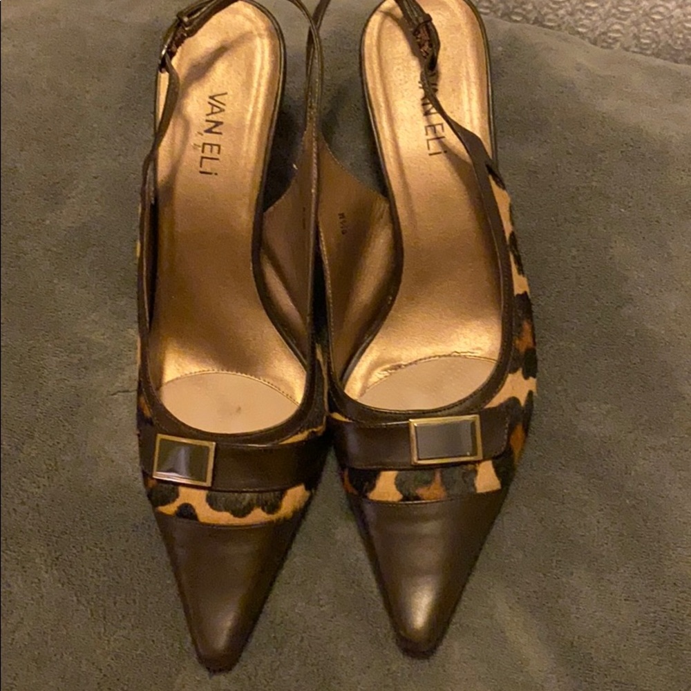 Sling back camel jaghair heels